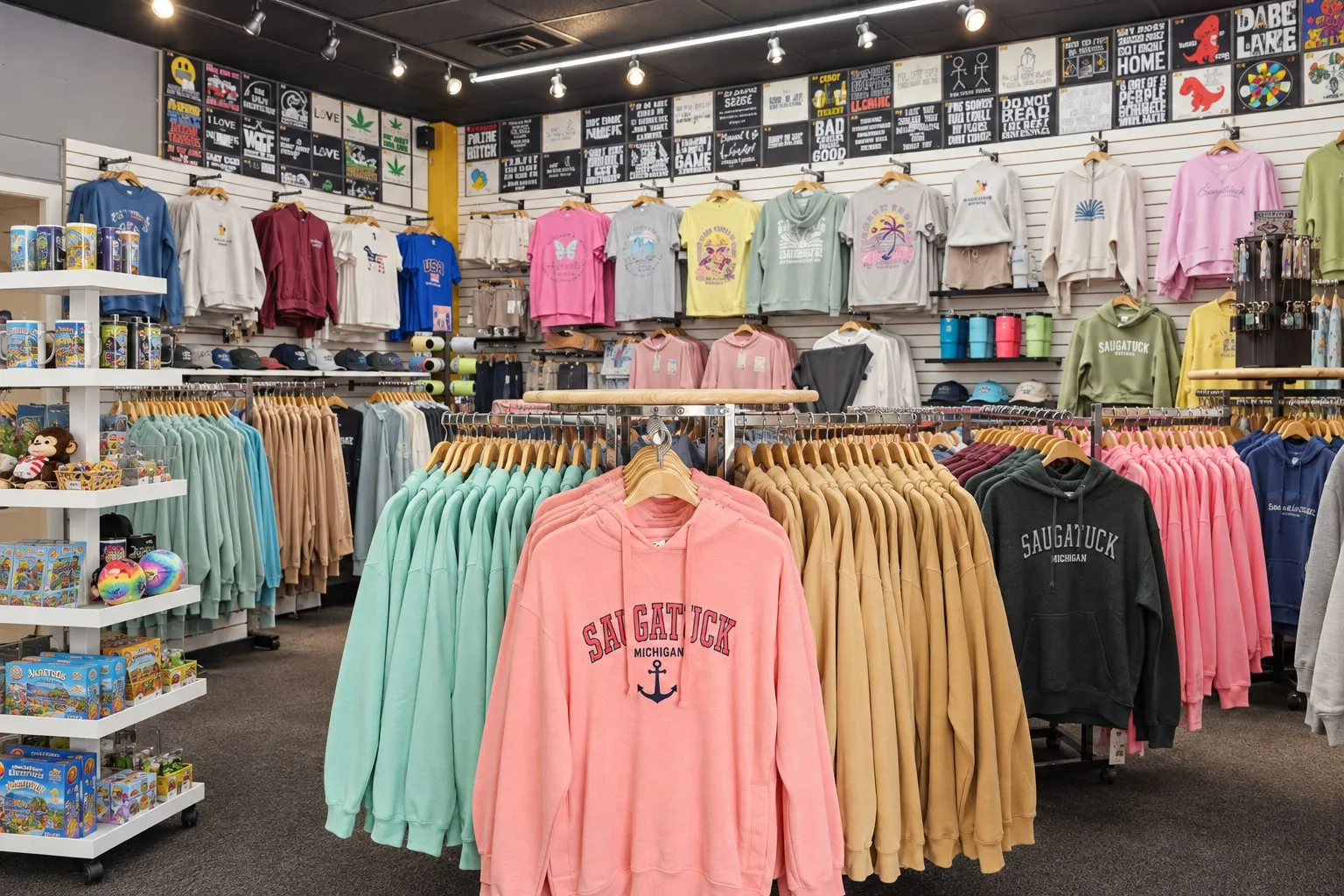 Racks of pastel hoodies and sweatshirts on the shop floor, under a wall of printed design samples