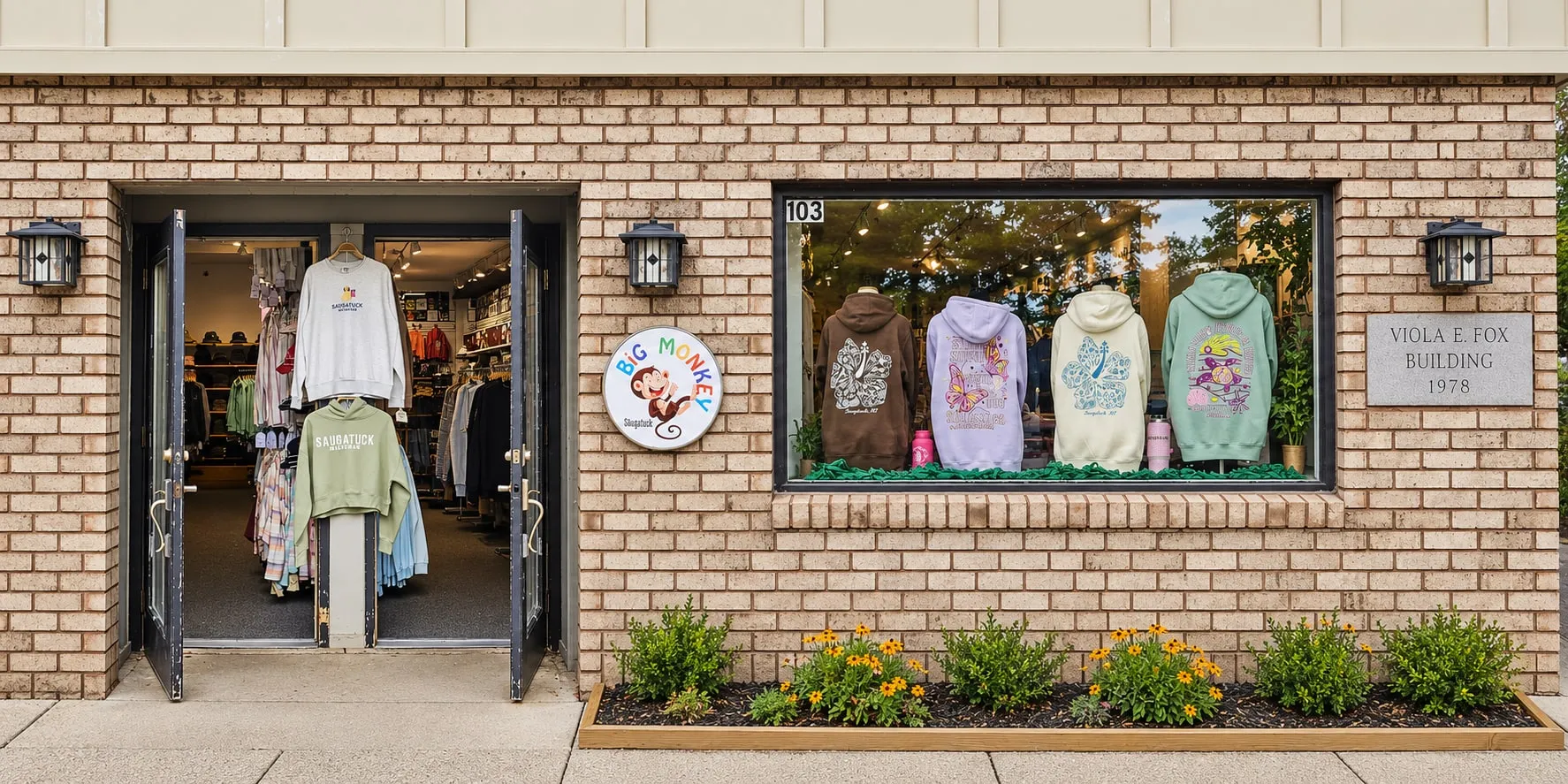 The Big Monkey storefront at 103 Butler Street — the round monkey sign, hoodies in the window and the doors propped open